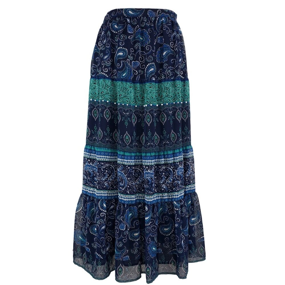 JM Collection Midi Tiered Lined Skirt, Size 10 Turquoise Green White